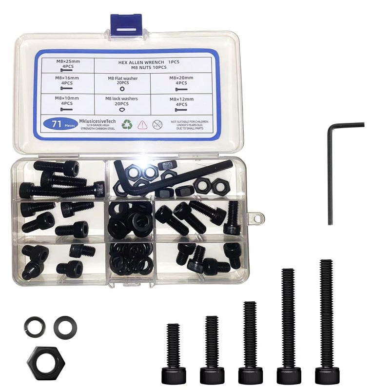 MklusiveTech 71Pcs M8 Screw Kit - 12.9 Grade Carbon Steel M8 Screws, Bolts, Nuts Assortment for DIY, 3D Printing, Automotive, Electronics (10-25mm, Black) (71Pcs Socket Head （10mm-25mm）) - Image 1